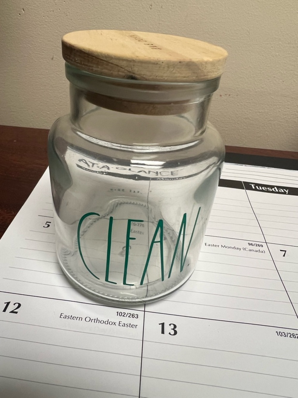 Rae Dunn Glass Storage Jar with Wood Lid - 'CLEAN' Green Lettering